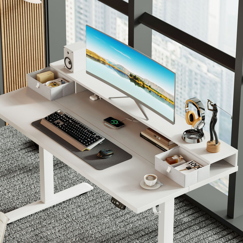 Electric Standing Desk With Drawers,Home Office Height Adjustable  Desk with Large Monitor Shelf, White/White