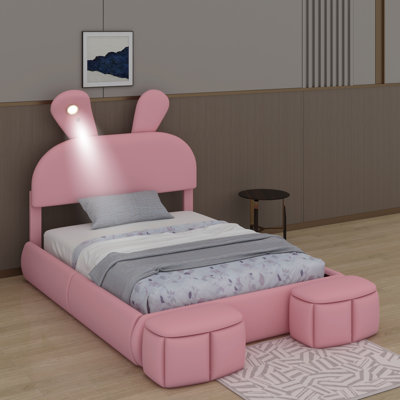 Upholstered Platform Bed With Cartoon Ears Shaped Headboard And Light, Velvet Bed Frame With Wooden Slats