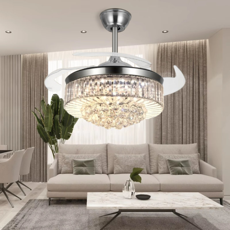 Silver Crystal Ceiling Fan With Light - 3 Colour Changing Dimmable Led, Remote Control