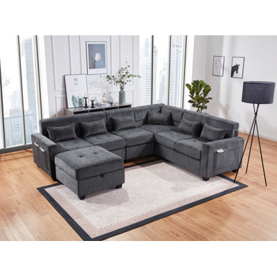 Trey 115"W Gray Chenille Sectional Sofa with Adjustable Backrest, Charging Ports, Pockets, Tufting, Storage Ottoman, Throw Pillows