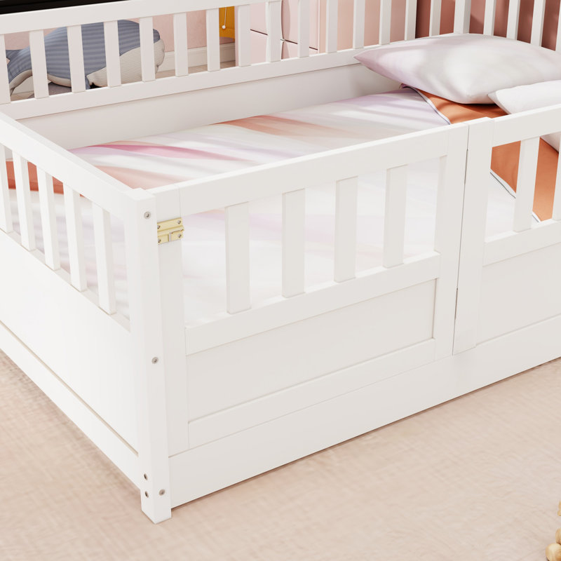Full size Floor bed, integral construction with super high security barrier, door, children's floor bed frame, Montessori wooden children's floor bed