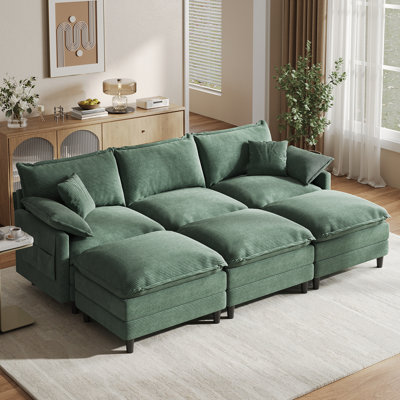 108'' Comfy U Shaped Sectional Modular 6-piece Cloud Sofa With 3 Ottomans Tool-free Easy Assembly Corduroy Fabric