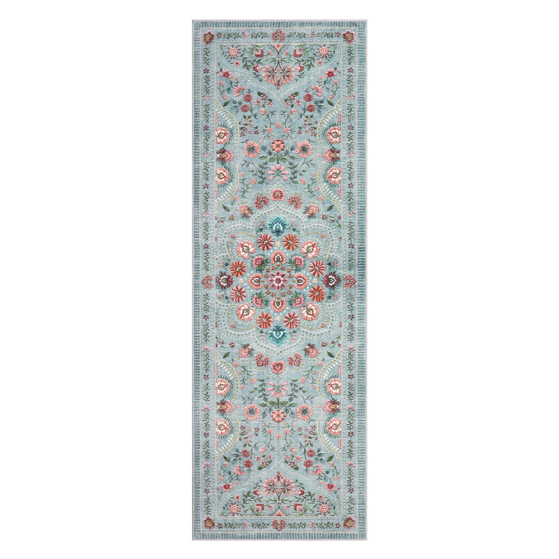 Washable Floral 2x6 Kitchen Rugs Farmhouse Hallway Runner Rug Non Slip Back for Bedroom Laundry Bathroom Grey Green, Green