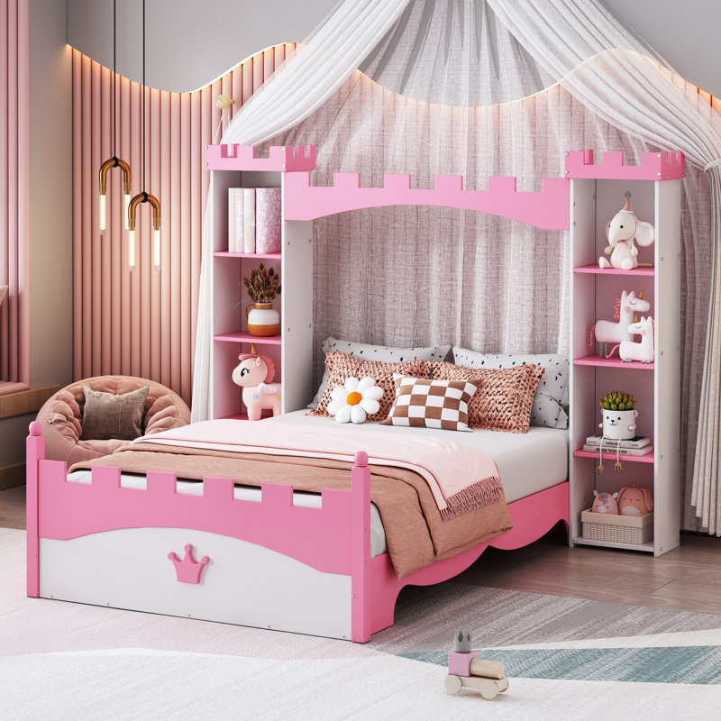 Lit plateforme en bois de style château avec tablette de rangement, lit simple Dreamy