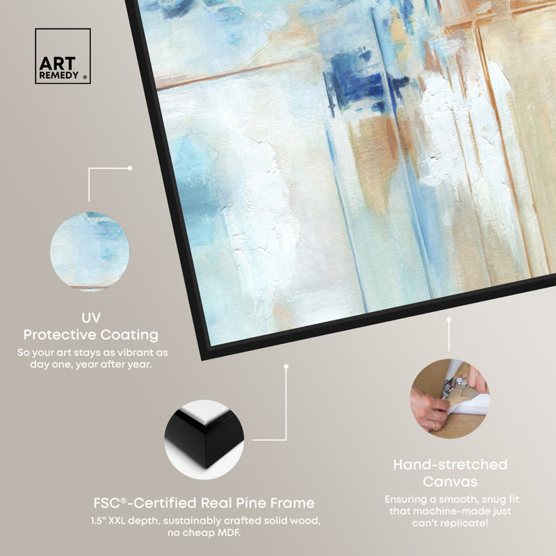 Blue and Beige Abstract Canvas Art in Black Frame, 31" x 21"