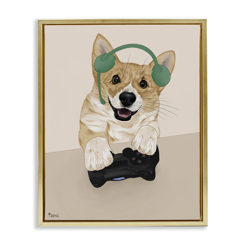 «Happy Gamer Dog», art mural encadré par Tara Royle, Cadre flottant métallique doré, H 21 po x l 17 po