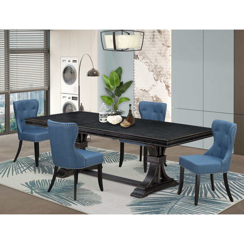 L'ensemble de table de salle à manger 5 pièces se compose d'une table moderne et de 4 chaises de salle à manger en tissu de lin bleu Mid-Century avec dossier capitonné - Finition sable