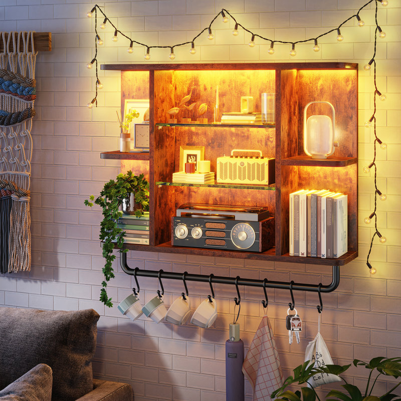33.4" Wide Wall Mounted Floating Shelf With Glass Shelves & Metal Hooks, Rustic Brown