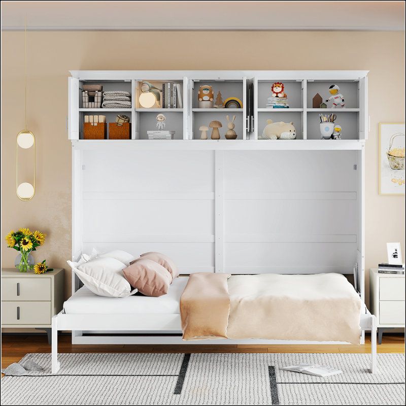 Grand lit escamotable mural avec armoires supérieures, Blanc