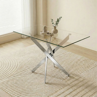 Rectangular Dining Table, 47.24" Glass Dining Table with Silver Legs, Modern Kitchen Table for Home Kitchen, Dining Room