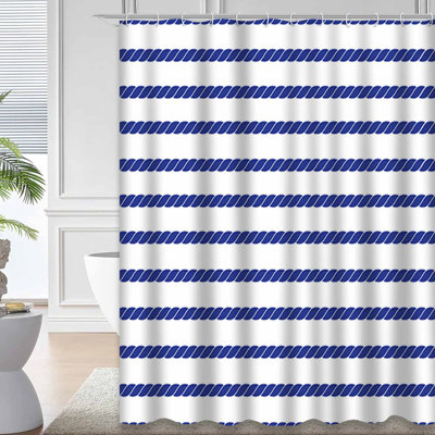Horizontal Navy Marine Rope Striped Blue Shower Curtain with 12 Hooks
