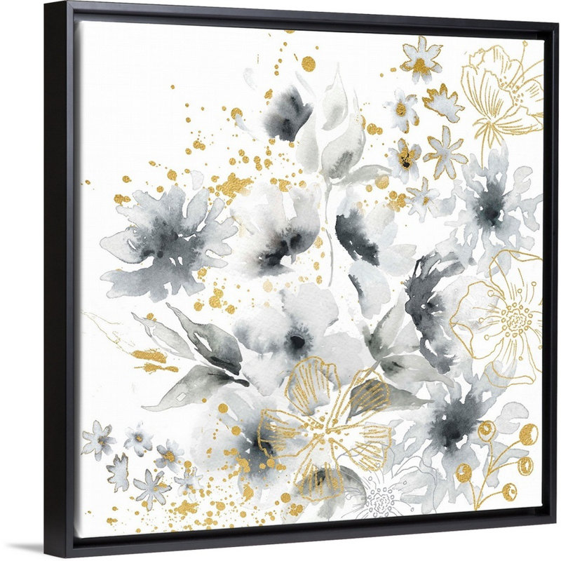 " Watercolor Grey And Gold Floral " by Tre Sorelle Studios, Black Framed, 38" H x 38" W x 1.75" D