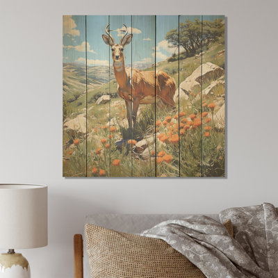 Antelope Gazing Meadow Blooms - Animals On Wood Print