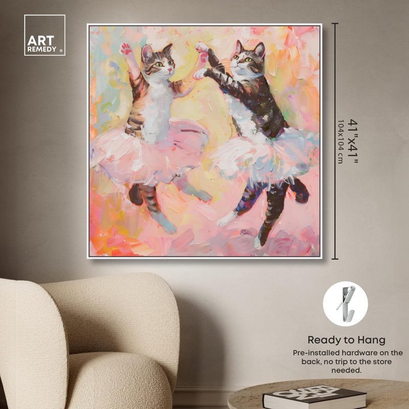 «Spring Cat Ballet Canvas» par Art Remedy, H 41 po x l 41 po x P 1,8 po, Cadre blanc