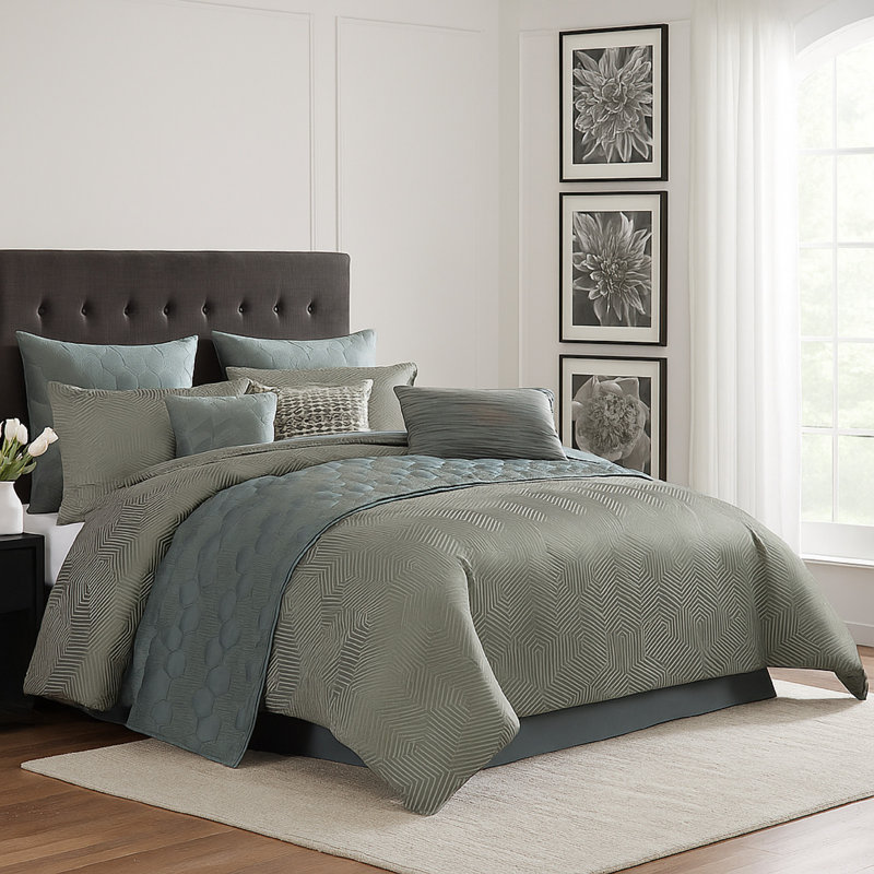 Ensemble d'édredon 10 pièces, taies et jacquard tissé vert Mely, Édredon très grand + 4 taies décoratives très