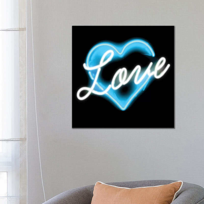 Neon Love Blue On Black by Hailey Carr - Wrapped Canvas Print, 30.48 cm H x 30.48 cm W, Black/Dark Blue