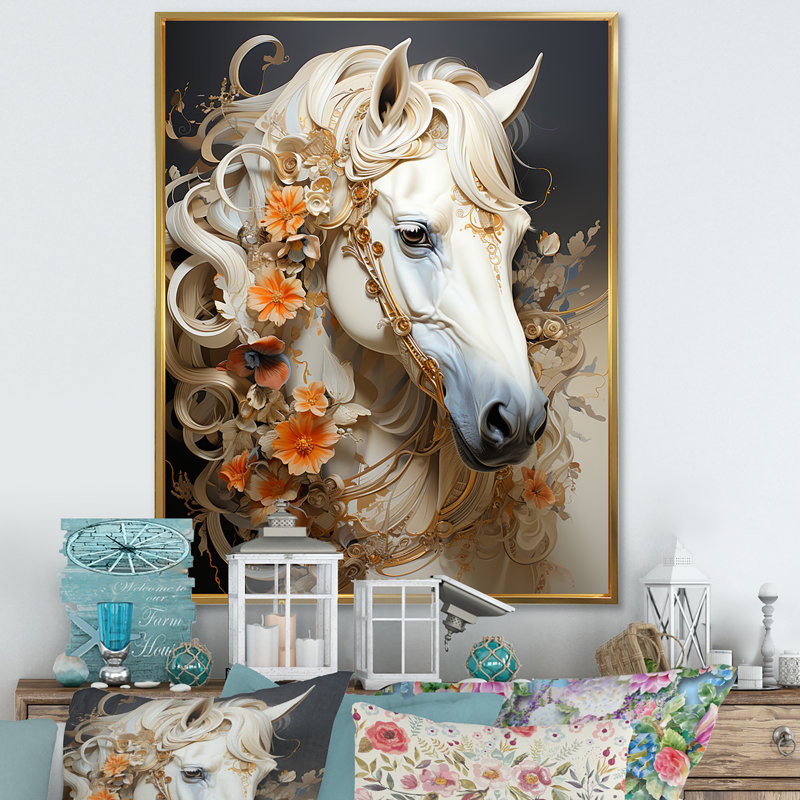 Motif floral doré féminin - reproduction sur toile, Cadre flottant doré, H 44 po x l 34 po x P 1,5 po
