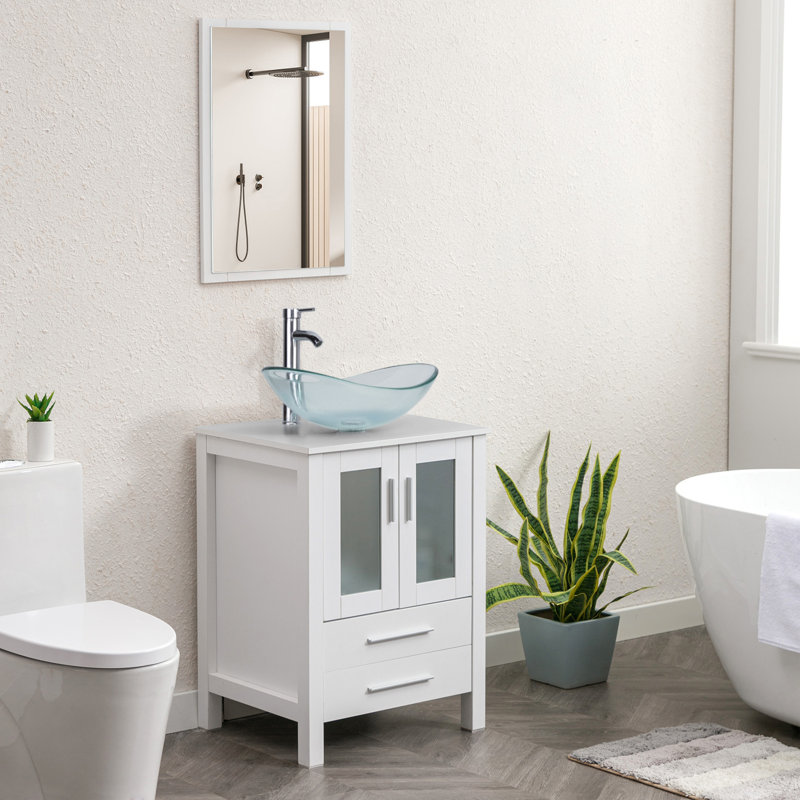 Azaree 24'' Single Bathroom Vanity with Manufactured Wood Top, White, Clear