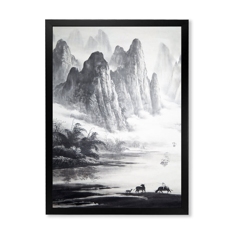 Peinture traditionnelle chinoise, paysage, H 20 po x l 12 po, Toile avec cadre noir