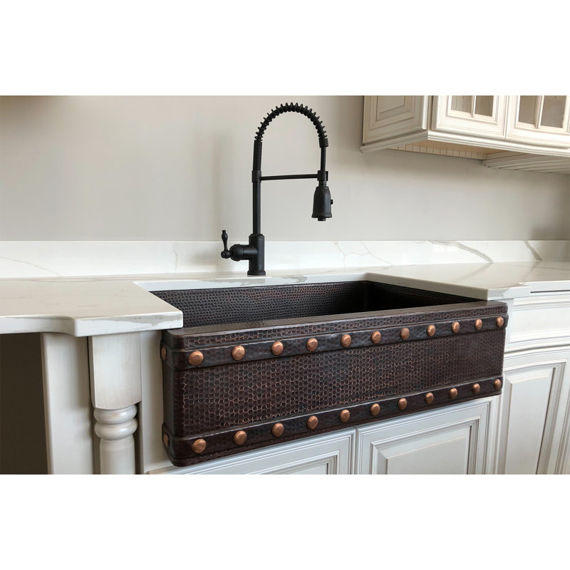 33" Hammered Copper Kitchen Apron Single Basin Sink w/ Barrel Strap Design with Matching Drain and Accessories