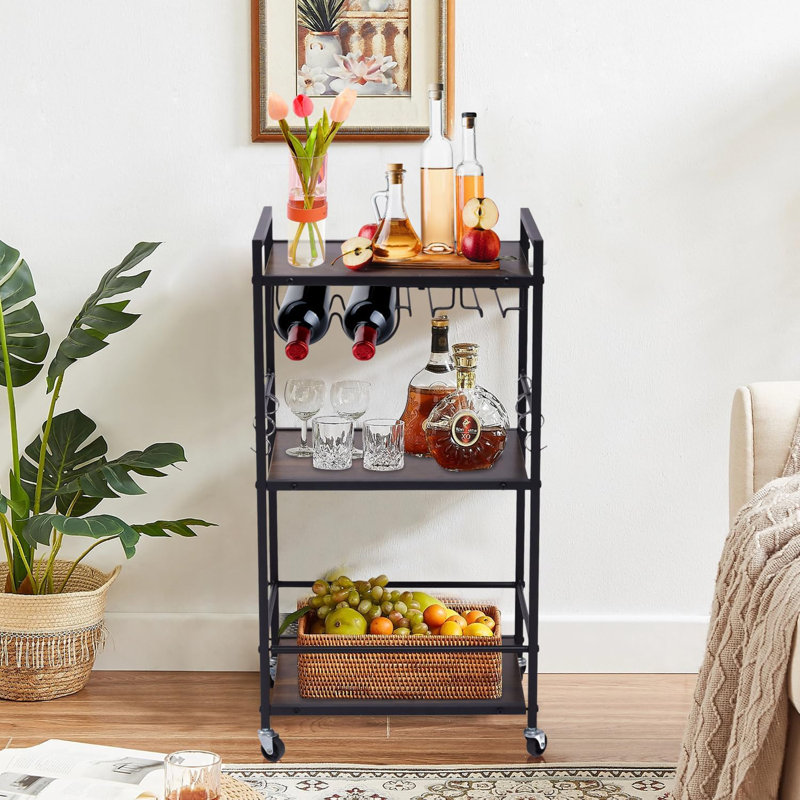 3-Tier Kitchen Microwave Stand With Wheels, 6 Hooks, And Rustic Metal Frame For Compact Spaces, Multi-Purpose Storage Cart