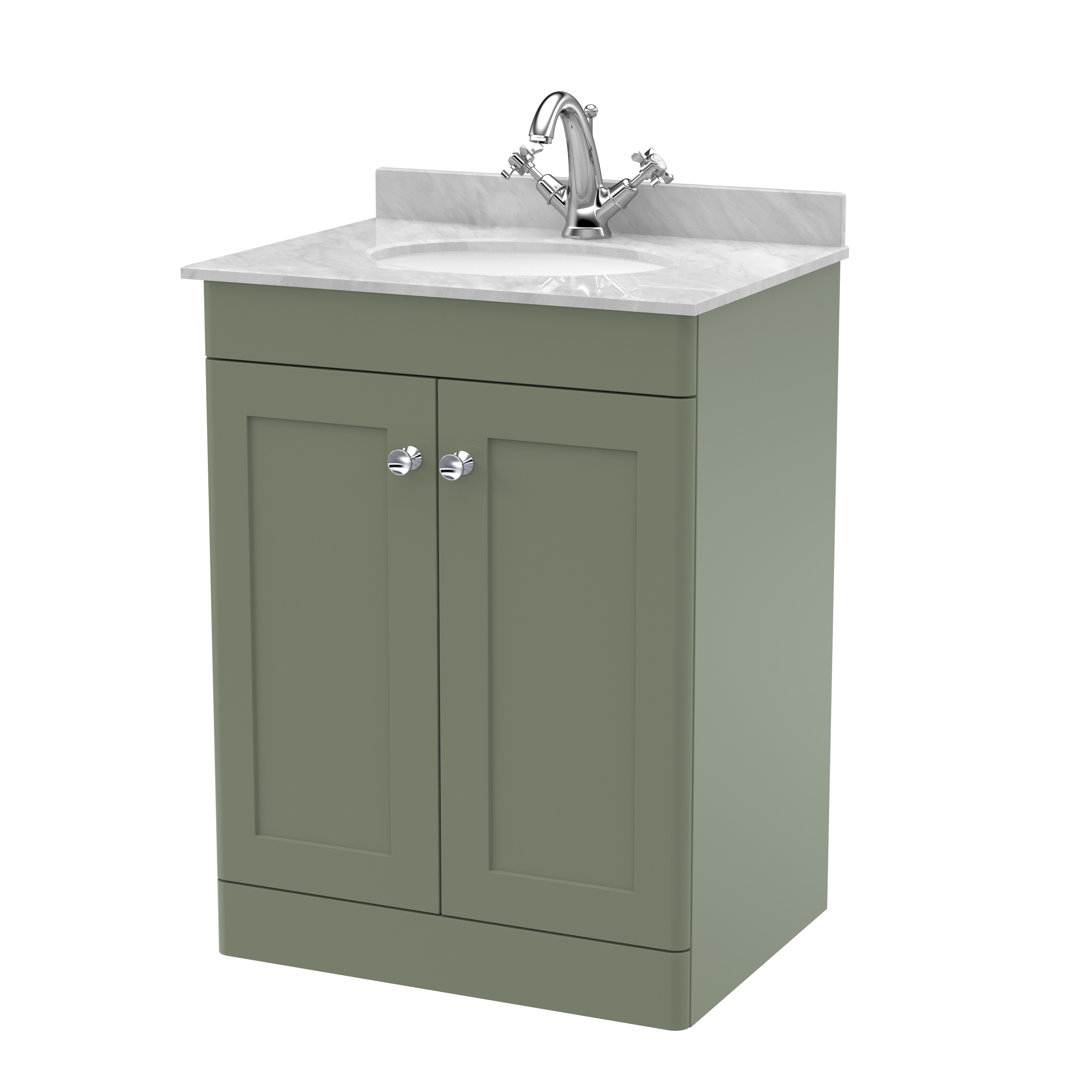 nuie Classique 600mm Floor Standing Unit - 2 Door - Satin Green - Marble Top Oval Basin - Image 3