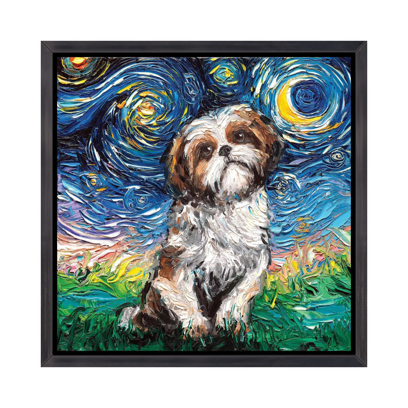 Shih Tzu Night par Aja Trêves - reproduction d'art, H 37 po x l 37 po x P 1,5 po, Toile avec cadre noir patiné