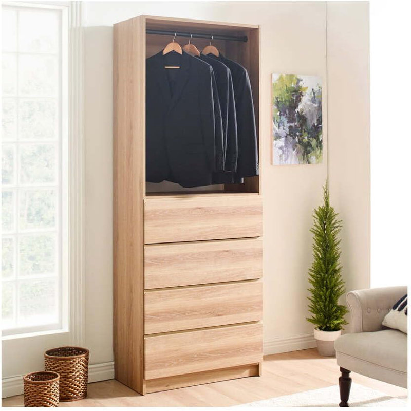  32 Inch Oak Wood Walk in Closet with Four Drawers for Closet Room Organization, Oak Wood