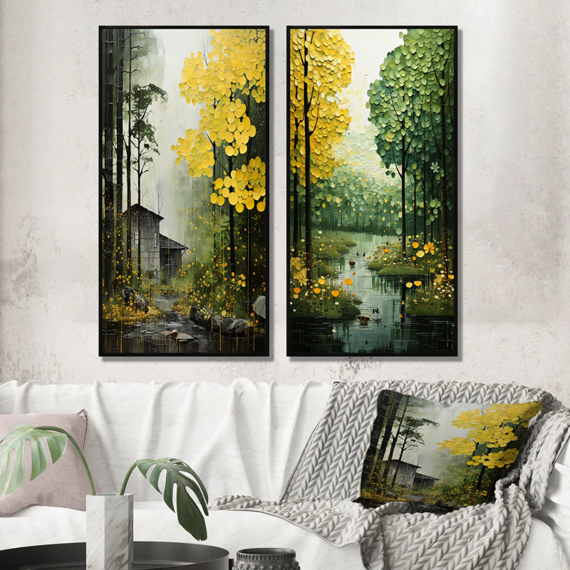 «Yellow Trees Verdant Canopy Patchwork», 2 pièces, Cadre noir, H 20 po x l 24 po
