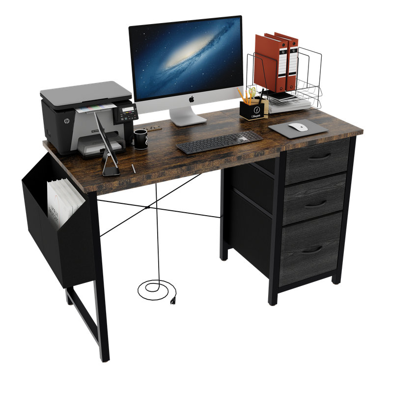 Modern 47-Inch Writing Desk with Built-in Power Strip - Study Table with 3 Drawers & Storage Pocket, Brown/Black