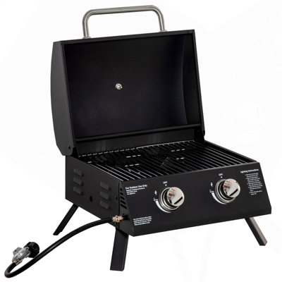 2-Burner Portable Tabletop Propane Gas Grill with Foldable Legs, Lid & Thermometer (Black)