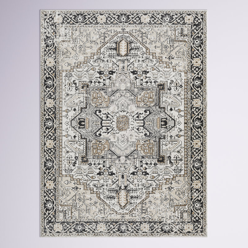 Haughton Machine Washable Oriental Black/Taupe Area Rug, Rectangle 6'7" x 9'
