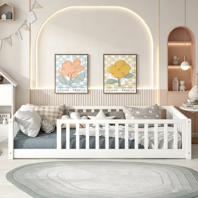 Lit de plancher pour enfants, lit de plancher avec barrières de sécurité complètes, cadre de lit en bois Montessori pour enfants, cadre de lit plateforme, lit à profil bas pour lit pour garçons et filles
