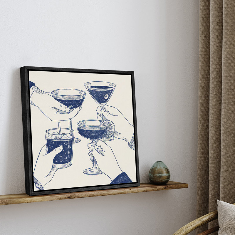«Classic Cocktail Glasses Cheers Line Art Bar Scene», reproduction d'art sur toile encadrée, H 16 po x l 16 po x P 1,5 po
