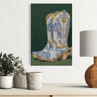 1pc Framed Canvas Wall Art Prints Poster, Cowboy boots, blue and white porcelain floral pattern, neo-classical art style Art Posters Canvas Print Pain