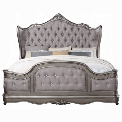 Ausonia 6-Piece Antique Platinum Rococo Bedroom Set with Upholstered Wingback Bed, Dresser, Mirror, Chest, and 2 Nightstands, Box Spring Required