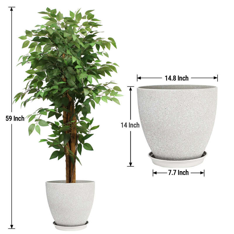 Pots à plantes ronds artificiels avec plateau en ficus artificiel et résine, Gris foncé, H 19,69 po x l 59,06 po x P 19,69 po