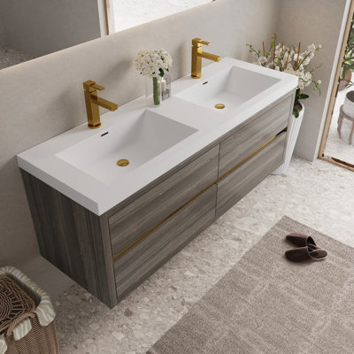 Meuble-lavabo de salle de bain à double cuve flottant gris cendré 60 po, spécifications de comptoir en résine de pierre, structure de tiroir à fermeture en douceur, base pré-assemblée pour une utilisation efficace, conception de volume de rangement en U, bois