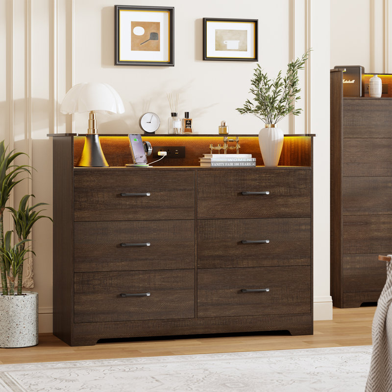 6 Drawer Dresser for Bedroom - 37” Tall Chest of Drawers with LED Light and Charging Station, Modern Organizer Cabinet with Open Shelf Table for Living Room, Entryway, Hallway,Retro