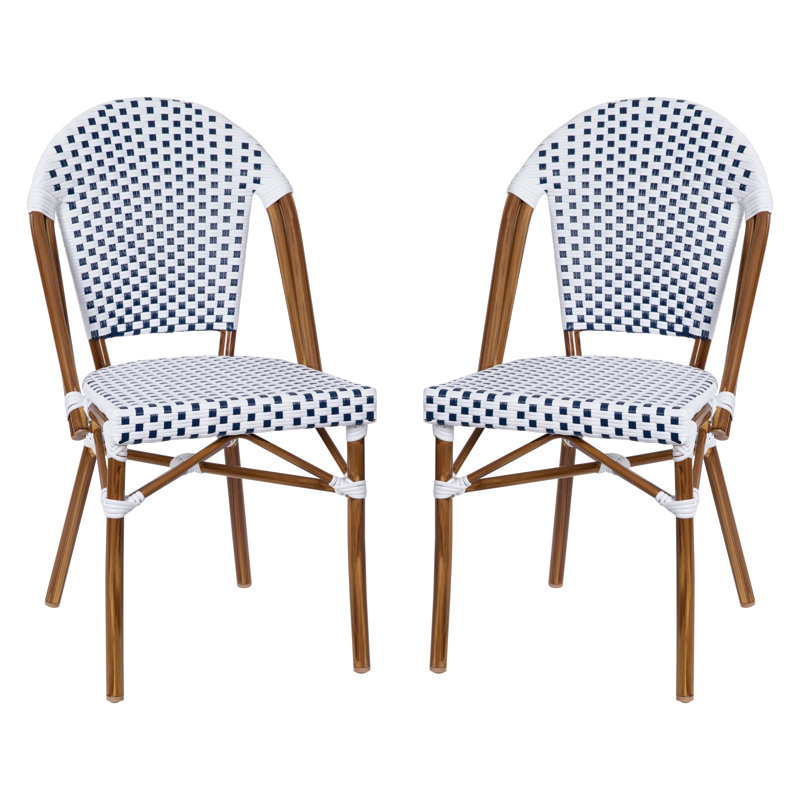 White and Navy Checkered PE Rattan Armless Side Chairs
