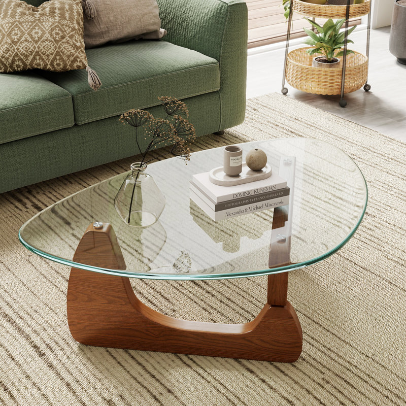 Modern Triangular Coffee Table With Wood Base For Living Room, 15.74" H x 35.82" L x 25.6" W, Clear, Walnut