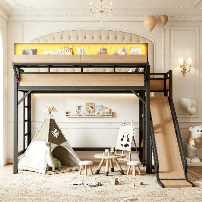 Metal Loft Bed, Loft Bed with Slide, Storage Shelves and Built-in Wardrobe, High Platform Loft Bed Frame with USB Ports and LED Lights, Heavy Duty Metal Loft Bed for Children Bedroom and Playroom