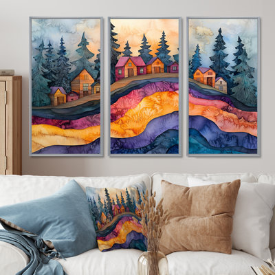 «Native Indian Village In A Forest Landscape III», art mural forêt, 3 pièces