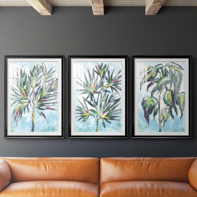 «Candy Palm Fresco II», reproduction sur mesure encadrée de qualité supérieure - 3 pièces, H 21 po x l 30 po, Noir