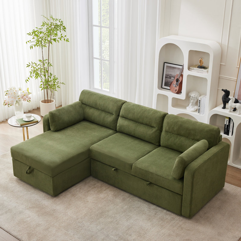 92.5''W Corduroy L Shape Sectional Sofa Bed with Large Storage, Green Corduroy