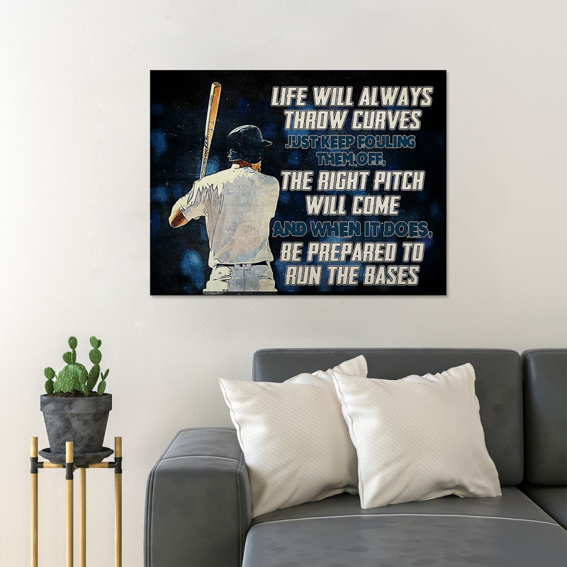 «Man Play Baseball - Life Will Always Throw You Curves Just Keep Fouling Them Off» - 1 pièce, reproduction d'art graphique sur toile tendue