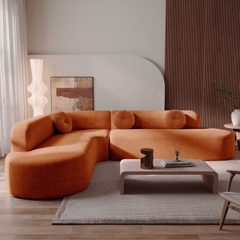 Canapé modulaire Basic, revêtement en tissu doux pour grand canapé, design courbé élégant avec trois coussins ronds