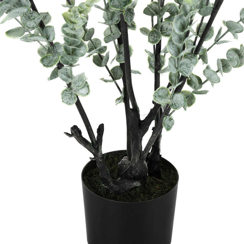 Eucalyptus artificiel de 112 cm (44 po), plante d'intérieur décorative en pot noir avec feuilles vertes au toucher réaliste