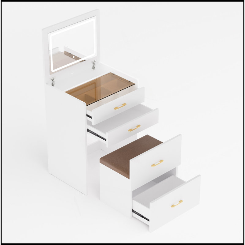 Table de coiffeuse maquillage avec tabouret de rangement éclairé, plateau de maquillage 3 en 1, Brun