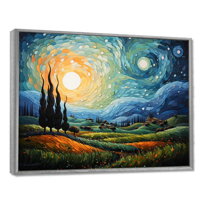 Art mural Vangogh le cyprès se balançant II, H 34 po x l 44 po, Reproduction avec cadre flottant, Argent argent